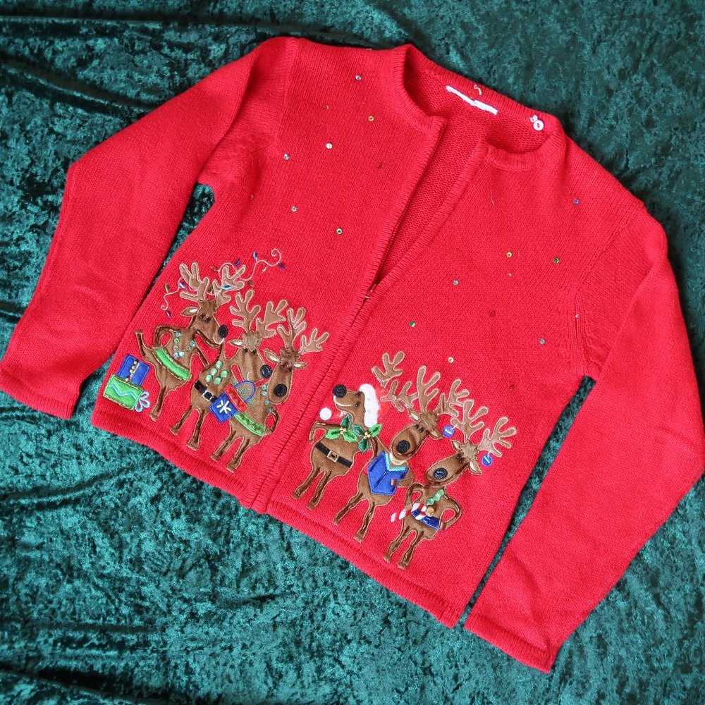 Reindeer Gang Red Cropped Zippered Holiday Cardigan Tiara International, sz SM